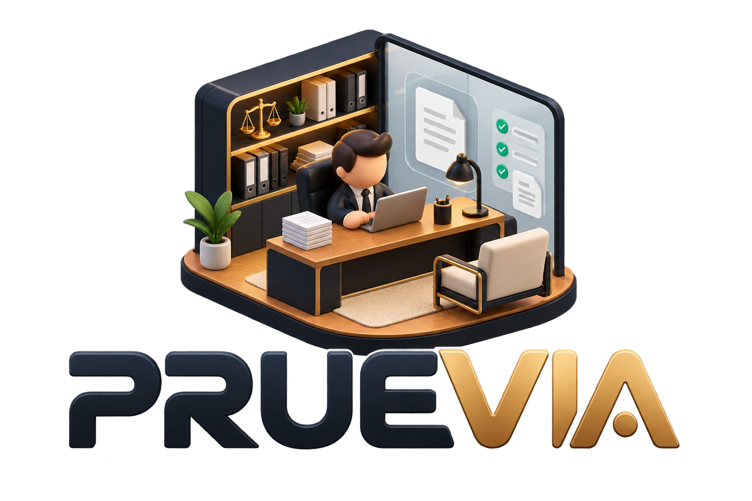 Ilustración de Pruevia, despacho digital con abogado y expediente